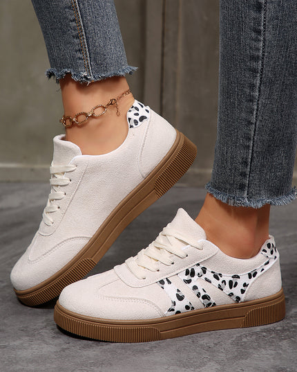 White Suede Leopard Color Block Trim Lace-up Casual Shoes