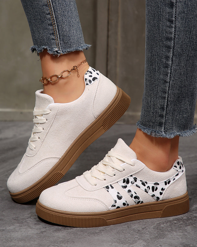 White Suede Leopard Color Block Trim Lace-up Casual Shoes