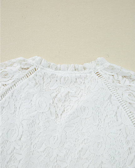 White Tie V Neck Lace Ruffle Detail Long Sleeve Blouse