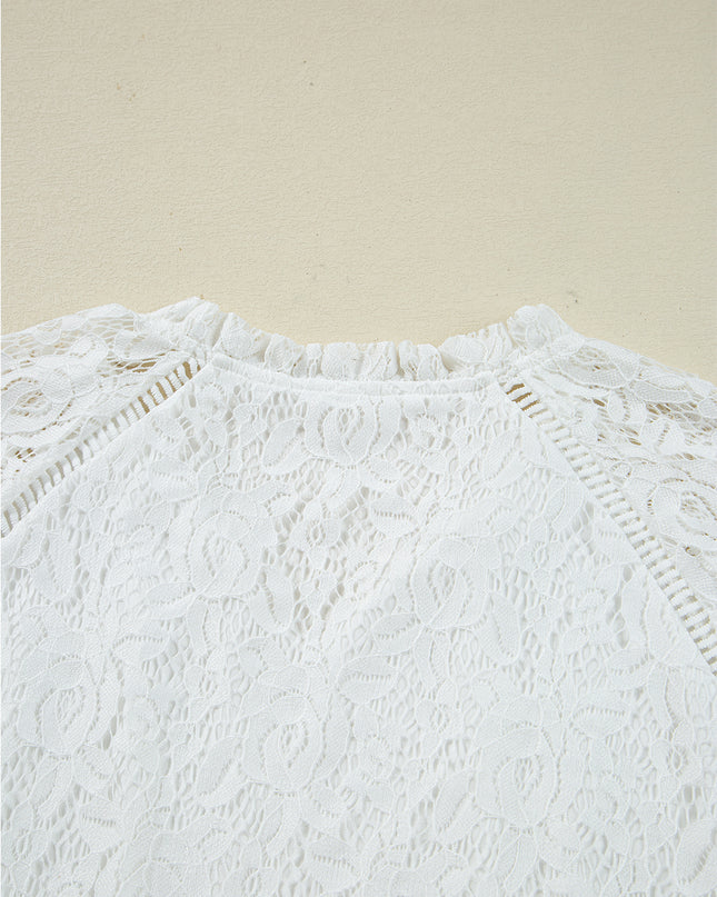 White Tie V Neck Lace Ruffle Detail Long Sleeve Blouse