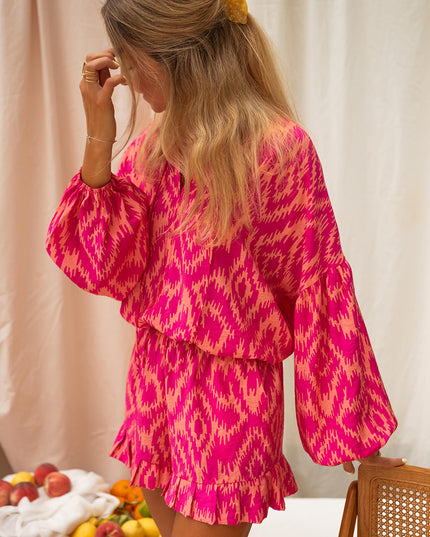 Rose Western Aztec Geometric Print Top and Ruffled Shorts Set