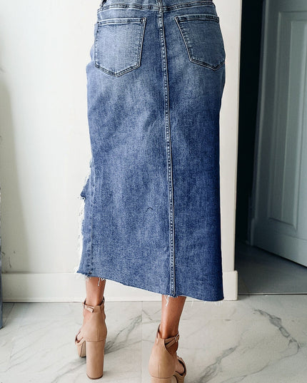 Dearlove Myosotis Irregular Distressed Bottom Denim Midi Skirt