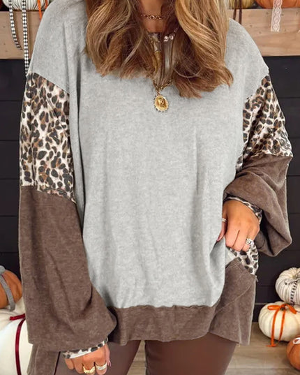 Gray Plus Size Leopard Color Block Patchwork Dolman Sweatshirt