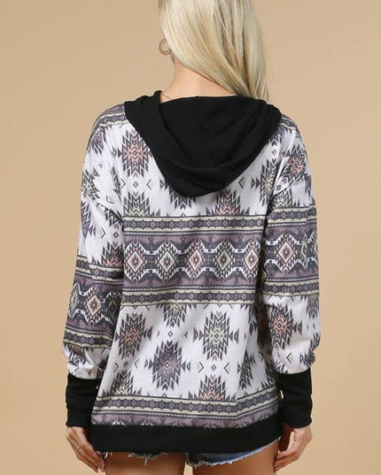 KC020-TANIA AZTEC PRINT COLOR BLOCK HOODIE