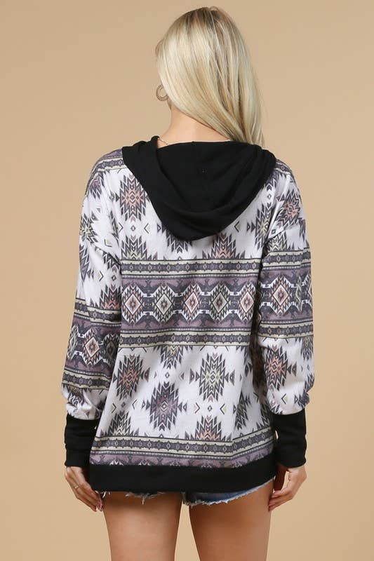 KC020-TANIA AZTEC PRINT COLOR BLOCK HOODIE