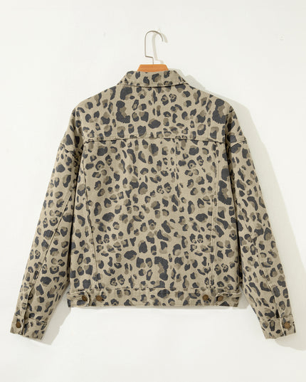 Khaki Retro Leopard Print Seam Detail Button Down Denim Jacket