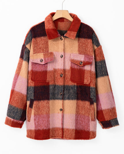 Orange Plaid Print Flap Pockets Buttoned Casual Plus Size Jacket