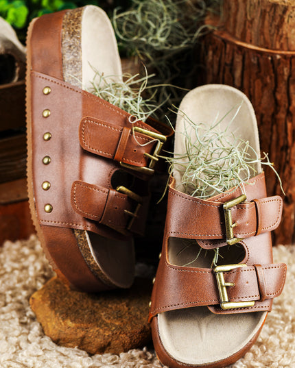 Chestnut Dual Buckle Studded Platform Sandal Slippers