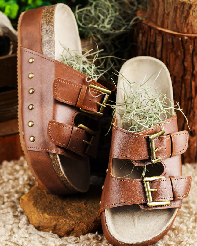 Chestnut Dual Buckle Studded Platform Sandal Slippers