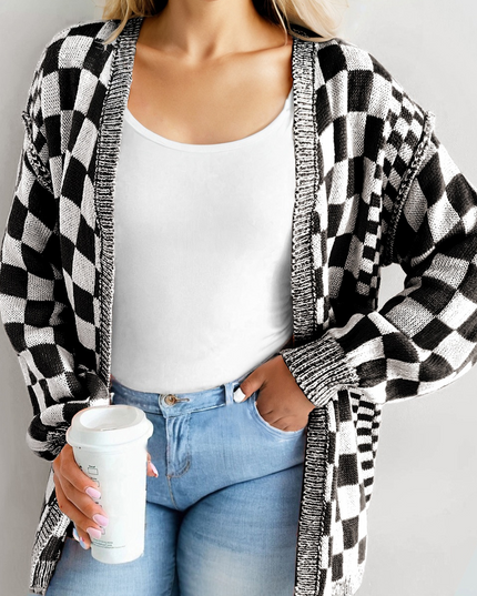 Orange Plus Size Checkered Bubble Sleeve Drop Shoulder Open Cardigan