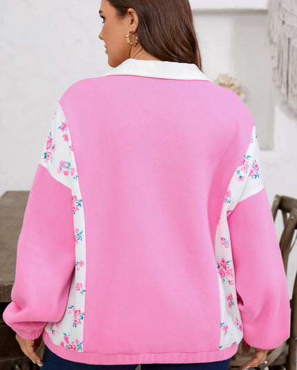 Pink Plus Size Contrast Polo Collar Floral Patchwork Elastic Cuffs Long Sleeve Top