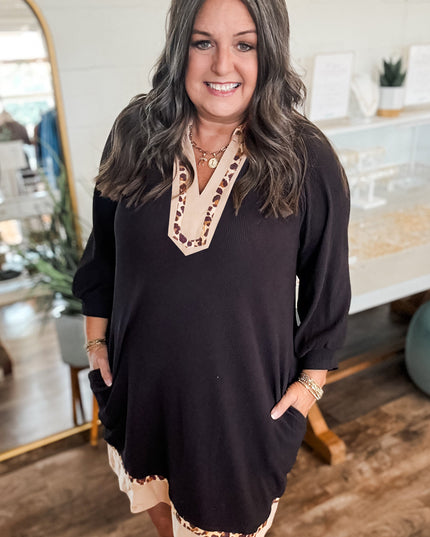 Black Contrast Color Block Leopard Trim Plus Size Ribbed Dress