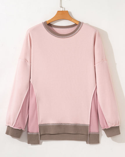 Light Pink Plus Color Block Waffle Patchwork Exposed Seam Baggy Sweatshirt