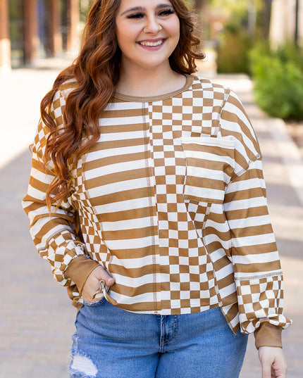 Khaki Striped Checkered Mixed Print Chest Pocket Casual Plus Size Top