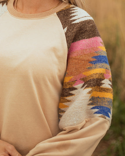 Light French Beige Aztec Patchwork Raglan Pullover Sweatshirt