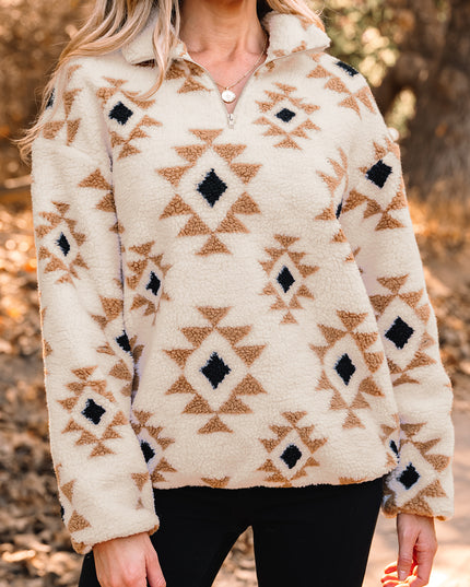 Khaki Aztec Print Sherpa Quarter Zip Collar Sweatshirt