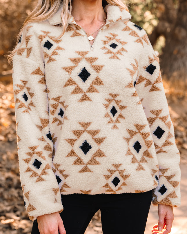 Khaki Aztec Print Sherpa Quarter Zip Collar Sweatshirt