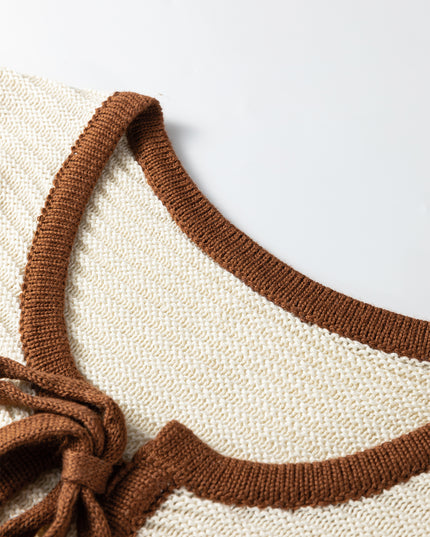 White Horizontal Ribbed Knit Contrast Trim Ties Front Sweater Vest