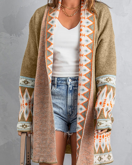 Khaki Aztec Print Open Front Knitted Cardigan