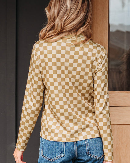 Khaki Check Pattern Turtleneck Ribbed Slim Long Sleeve Tee