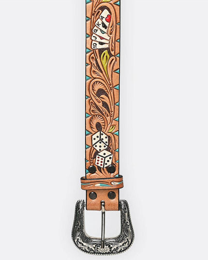 LC-ADBLF149 Tooled Leather Western Belt - Poker & Dice Motif with Turquoise Accents