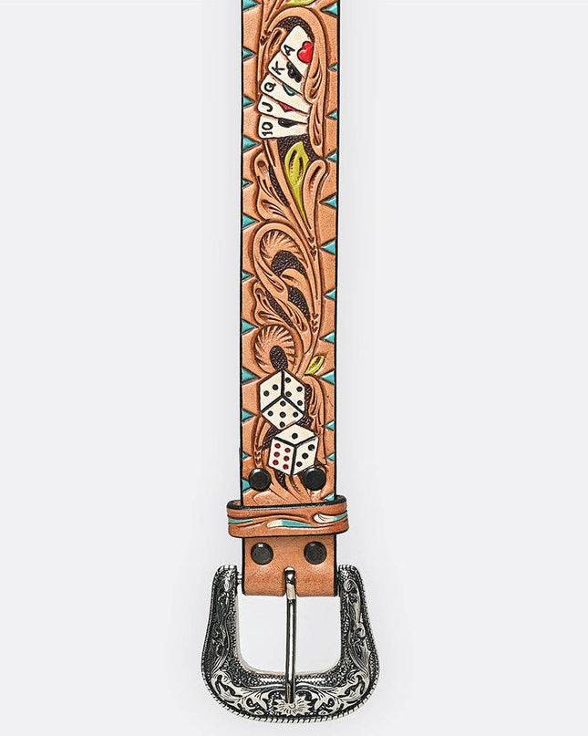 LC-ADBLF149 Tooled Leather Western Belt - Poker & Dice Motif with Turquoise Accents