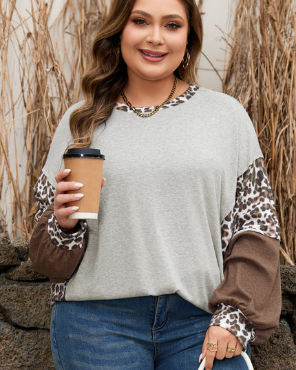 Gray Plus Size Leopard Color Block Patchwork Dolman Sweatshirt