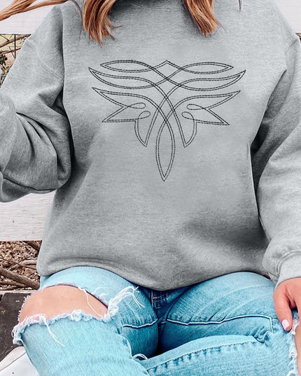 Gray Western Pattern Embroidered Drop Shoulder Pullover Top