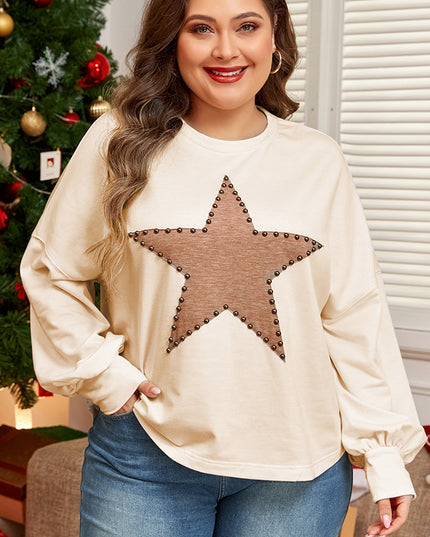 Beige Star Shape Studded Crew Neck Plus Size T Shirt