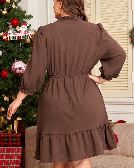 Coffee Plus Size Frilled Trim V Neck Puff Sleeve Textured Mini Dress