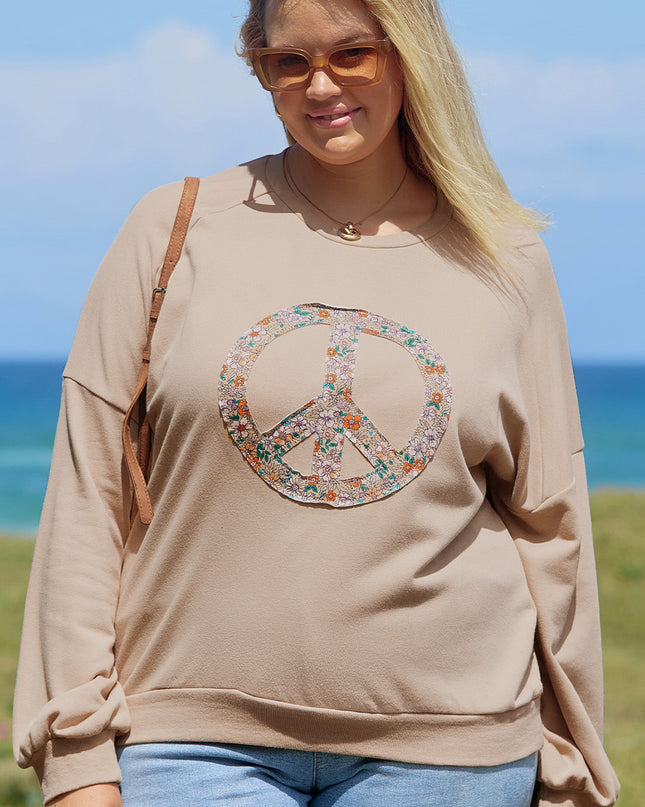 Pale Khaki Floral Peace Sign Graphic Washed Terry Plus Size Sweatshirt