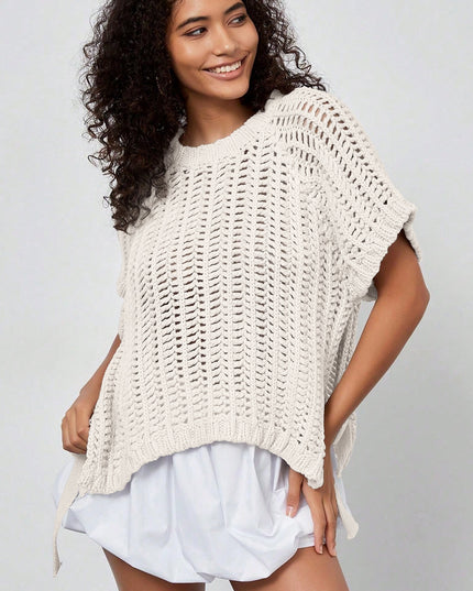Pink Plus Size Open Knit Bow Tie Short Sleeve Sweater