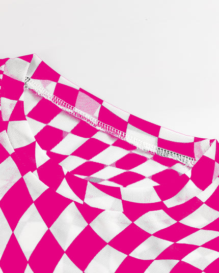 Rose Checkered Pattern Mesh Mock Neck Long Sleeve Top