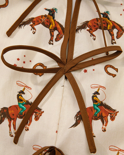 Apricot Western Rodeo Print Tied Front Puff Sleeve Peplum Top