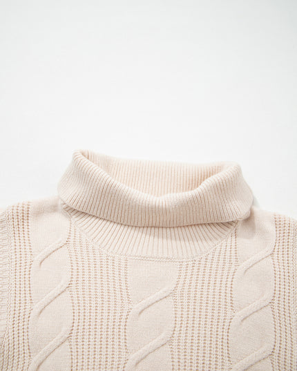 Jet Stream Cable Knit Turtleneck Ruffled Short Sleeve Sweater