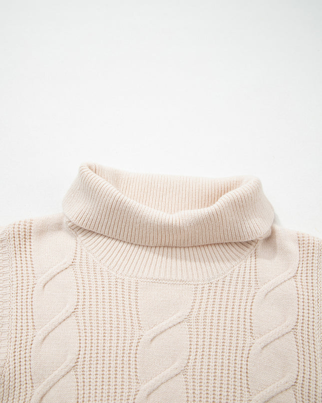 Jet Stream Cable Knit Turtleneck Ruffled Short Sleeve Sweater
