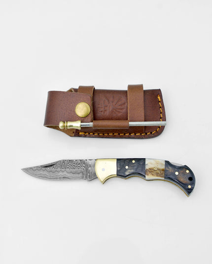Damascus steel pocket knife Limited Run Black Diamond Wood and Stag Horn TF-052