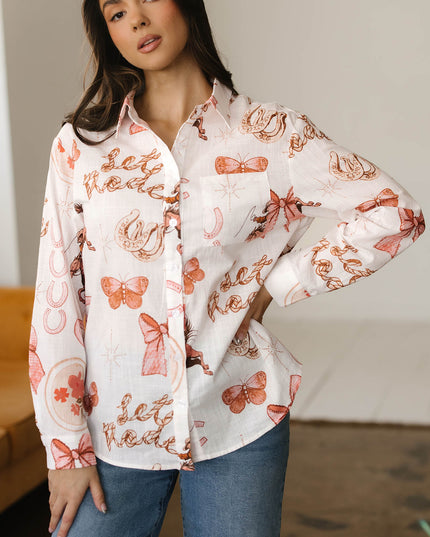 White Rodeo Cowgirl Print Western Button up Shirt