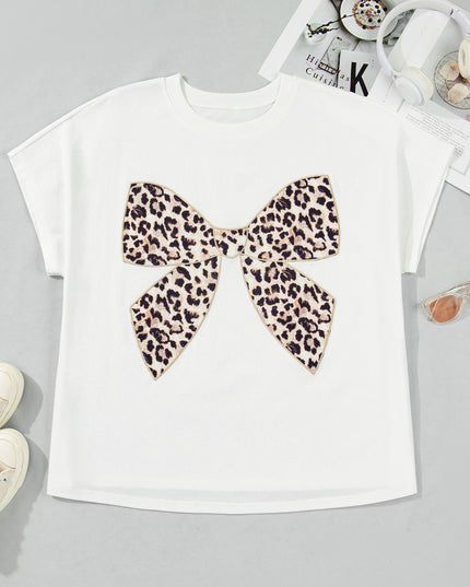 White Plus Size Leopard Bow Embroidered Patch Casual T Shirt