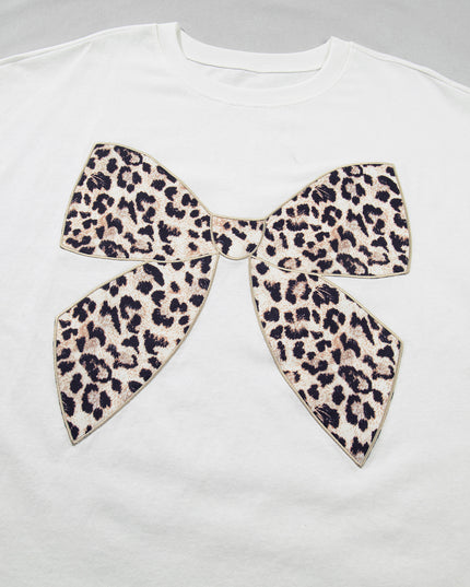 White Plus Size Leopard Bow Embroidered Patch Casual T Shirt
