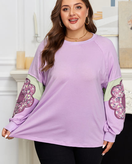Phalaenopsis Flower Patch Colorblock Plus Size Pullover Top