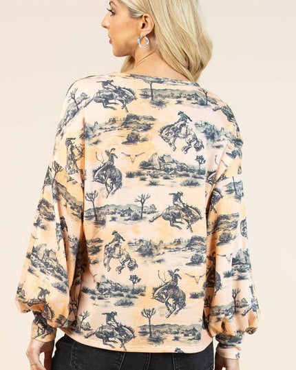 AV1171-JADEN WESTERN BUCKING HORSES PRINT SWEATSHIRT