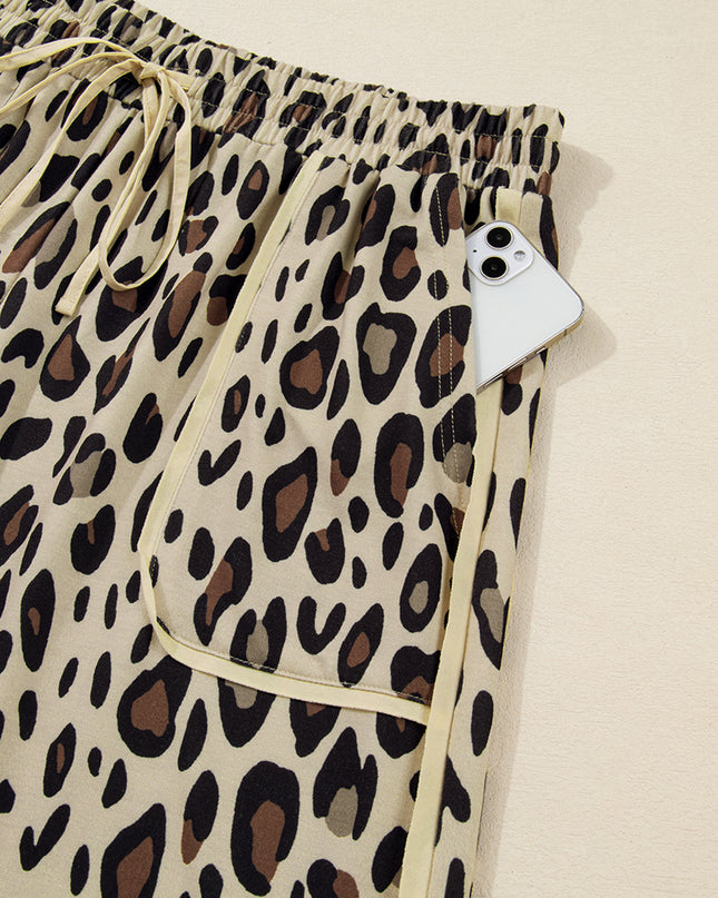 Khaki Exposed Seam Patched Pocket Plus Size Drawstring Leopard Wide Leg Pants