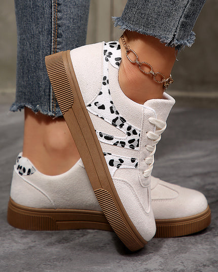 White Suede Leopard Color Block Trim Lace-up Casual Shoes