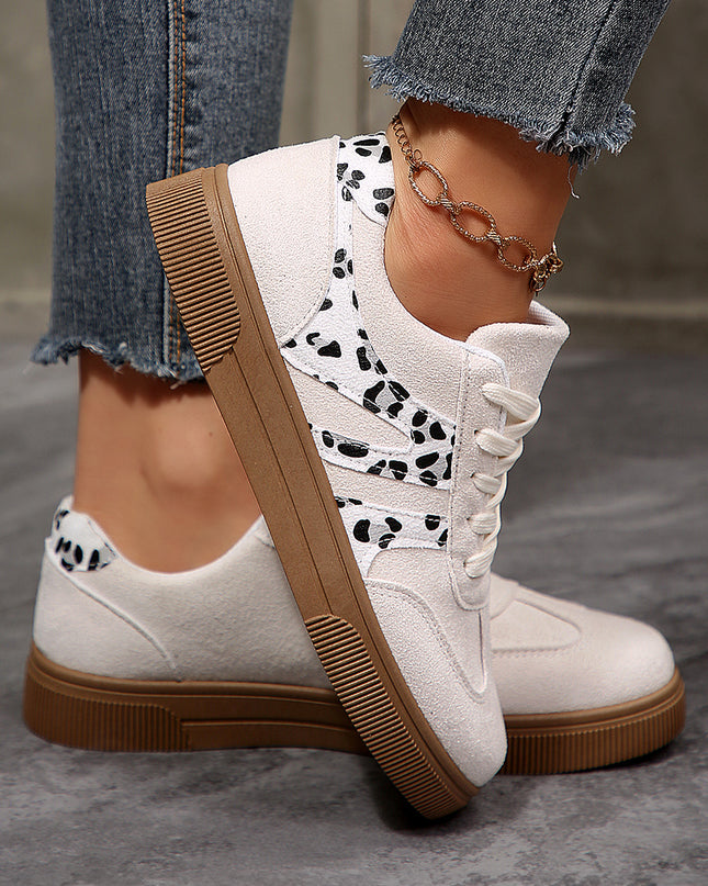 White Suede Leopard Color Block Trim Lace-up Casual Shoes
