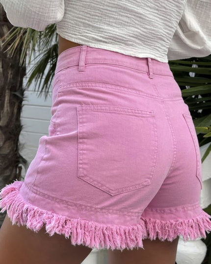 Pink Frayed Edge Mid Rise Denim Shorts
