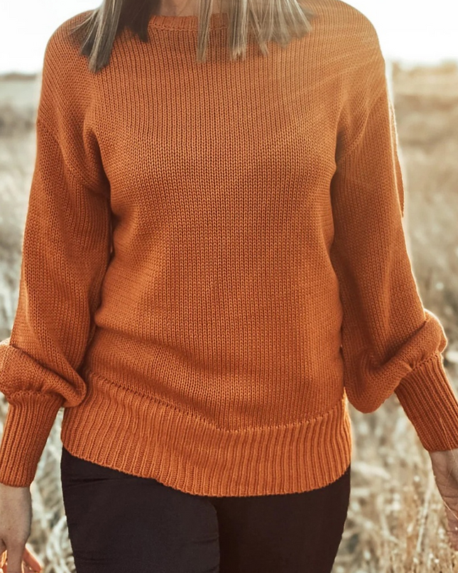 Gold Flame Solid Color Ribbed Trim Drop Shoulder Sweater
