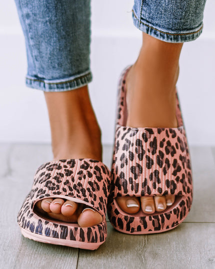 Pink Leopard Print Thick Sole Slip On Slippers