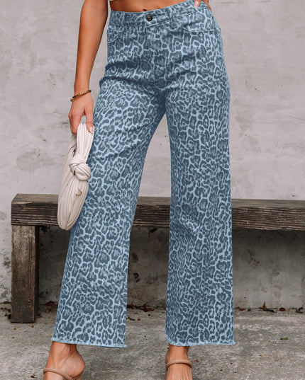 Rose Leopard Frayed Edge Wide Leg High Waist Jeans