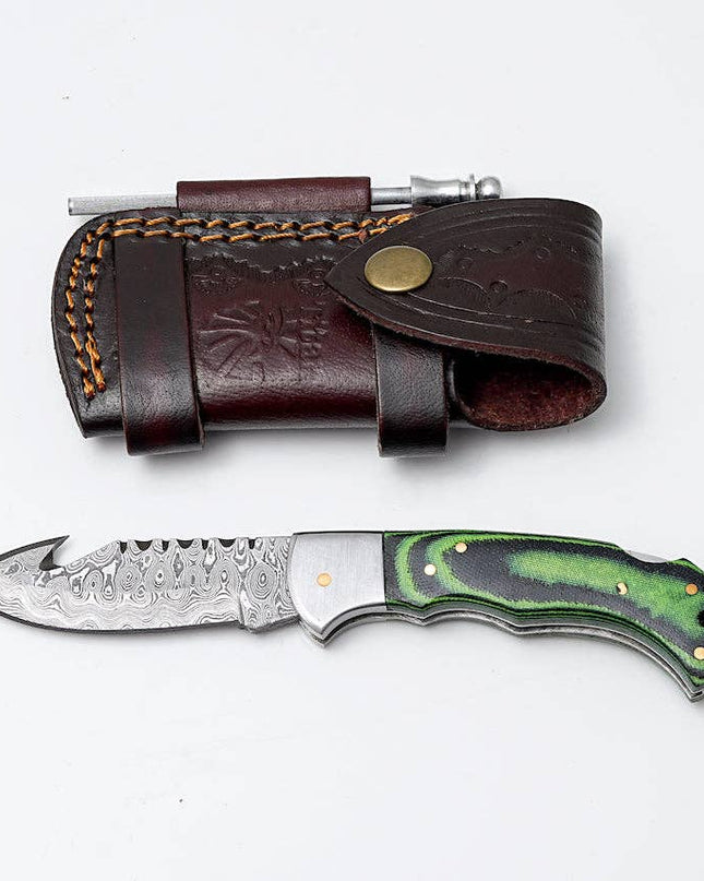 Green Micarta Damascus Gut Hook Hunting Knife